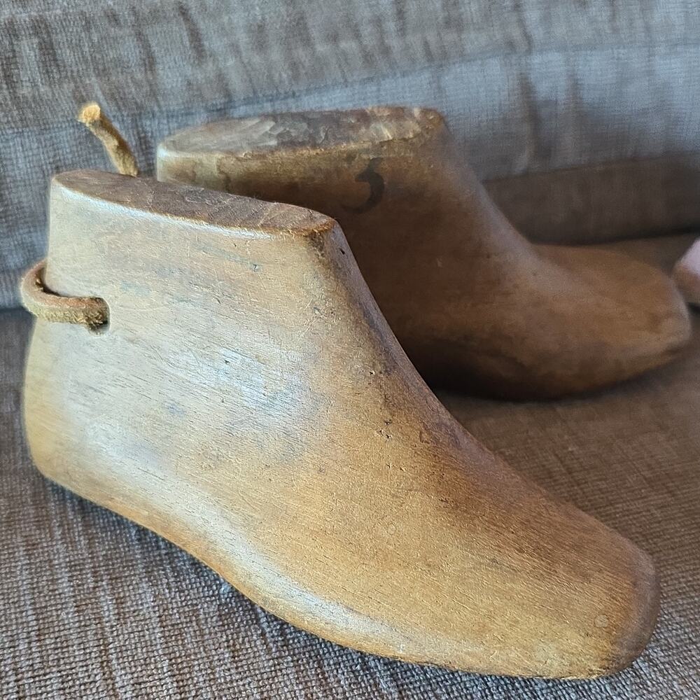 Antique Pair of Small Wooden Cobblers Shoe for Children, Marked 3 G